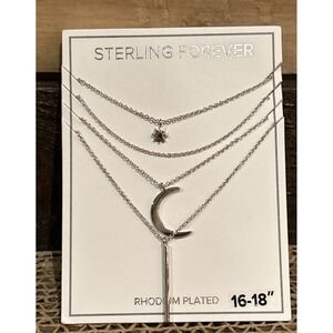 Sterling Forever Crescent & Bar Multi Layer Necklace Rhodium Plated Brass New